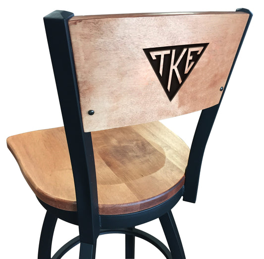Officially Licensed L038 Black Wrinkle Tau Kappa Epsilon (TKE) Swivel Bar Stool with Laser Engraved Back and wood seat