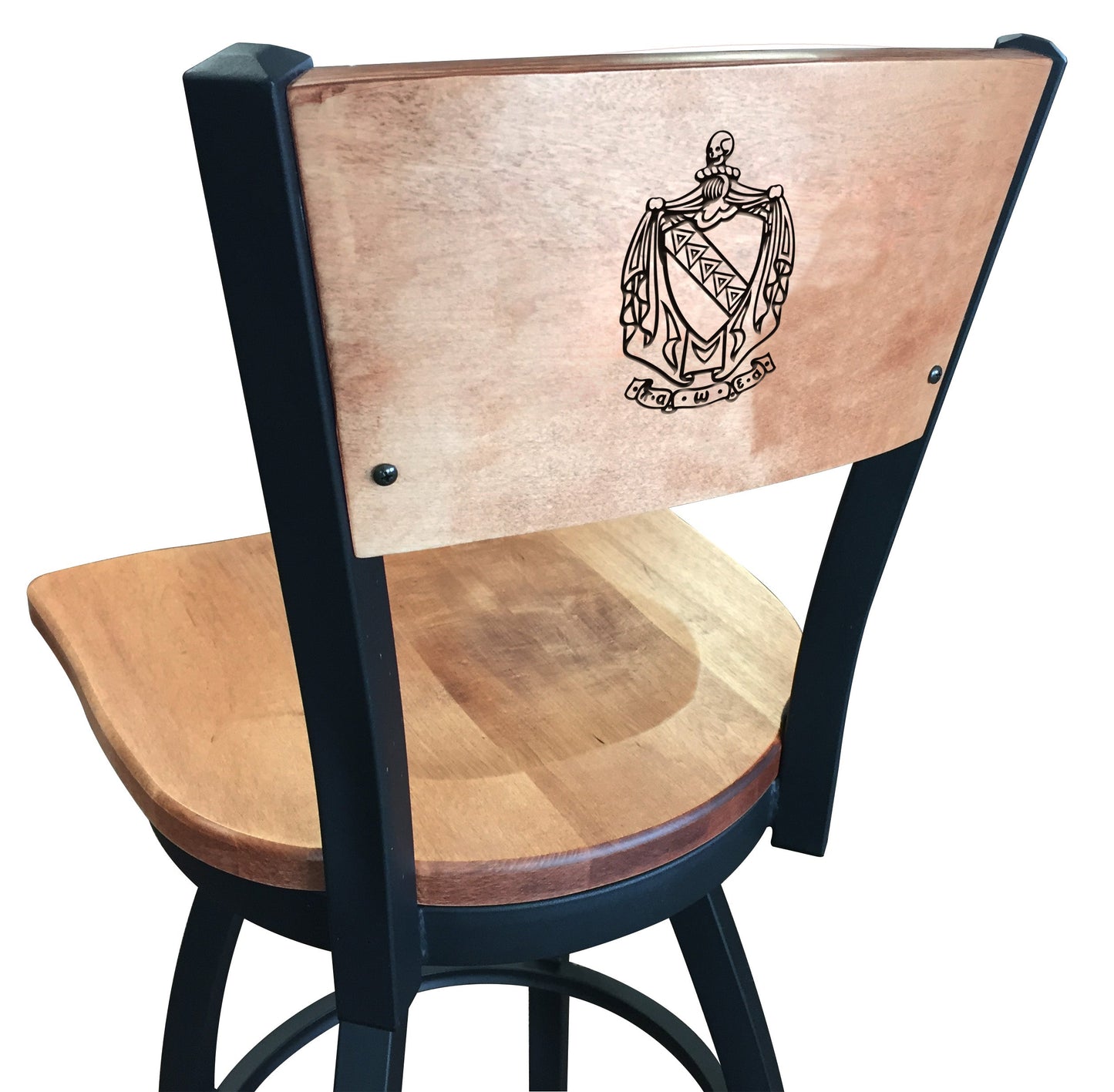 Officially Licensed L038 Black Wrinkle Tau Kappa Epsilon (TKE)  Swivel Bar Stool with Laser Engraved Back and wood seat