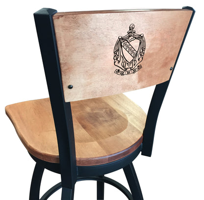 Officially Licensed L038 Black Wrinkle Tau Kappa Epsilon (TKE)  Swivel Bar Stool with Laser Engraved Back and wood seat