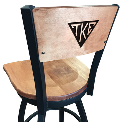 Officially Licensed L038 Black Wrinkle Tau Kappa Epsilon (TKE)  Swivel Bar Stool with Laser Engraved Back and wood seat